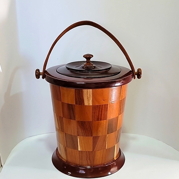 Vintage Wood Inlay Ice Bucket Leather Strap
